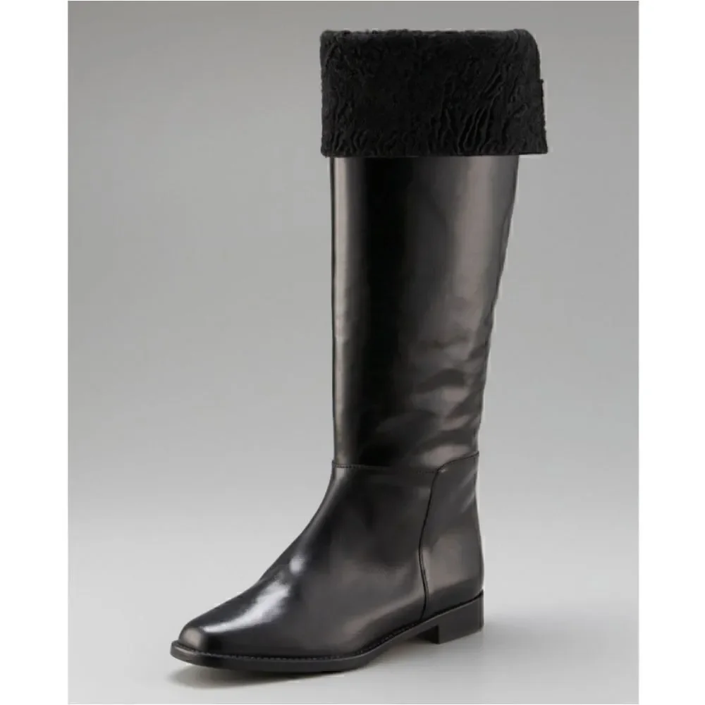 Manolo Blahnik Black Astrakhan-Cuffed Riding Boot